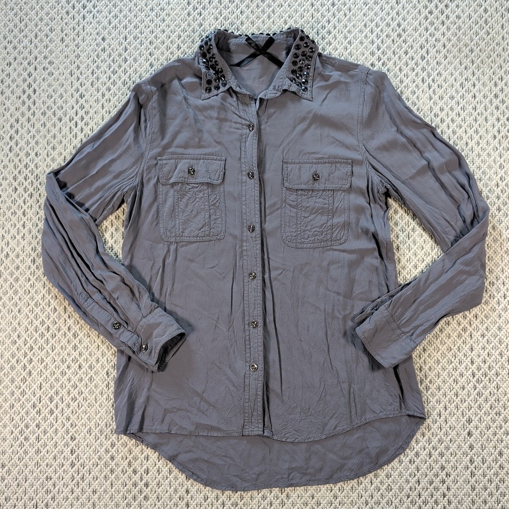Y2K‎ Grunge Goth Gray Military Style Studded Collar Long Sleeve Shirt Sz Med